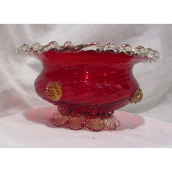 Bowl Vintage Art Blown Glass Golden crown E&R Italy Wedding Anniversary Birthday - Picture 3 of 6